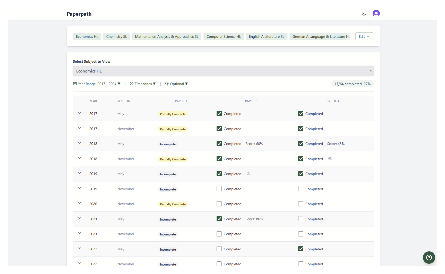 Paperpath student dashboard
